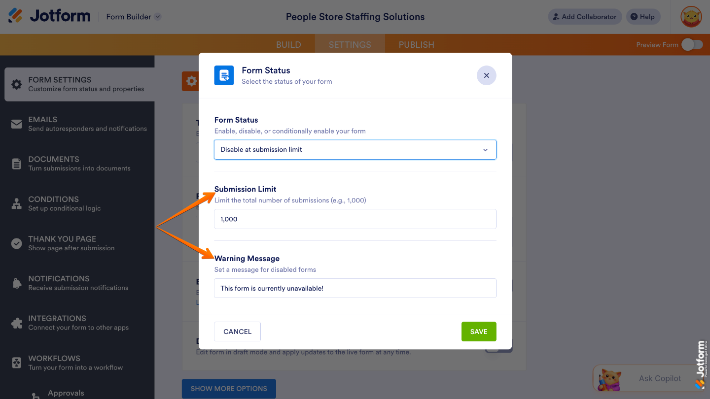 Form settings showing submission limit control and warning message configuration for disabled forms