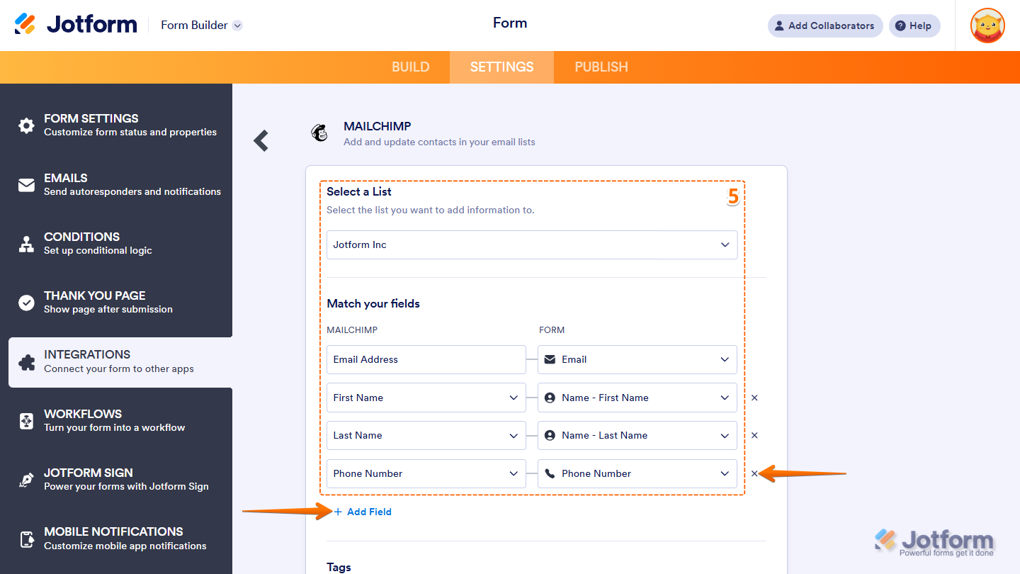 Select List and Match Fields section of the Mailchimp integration settings