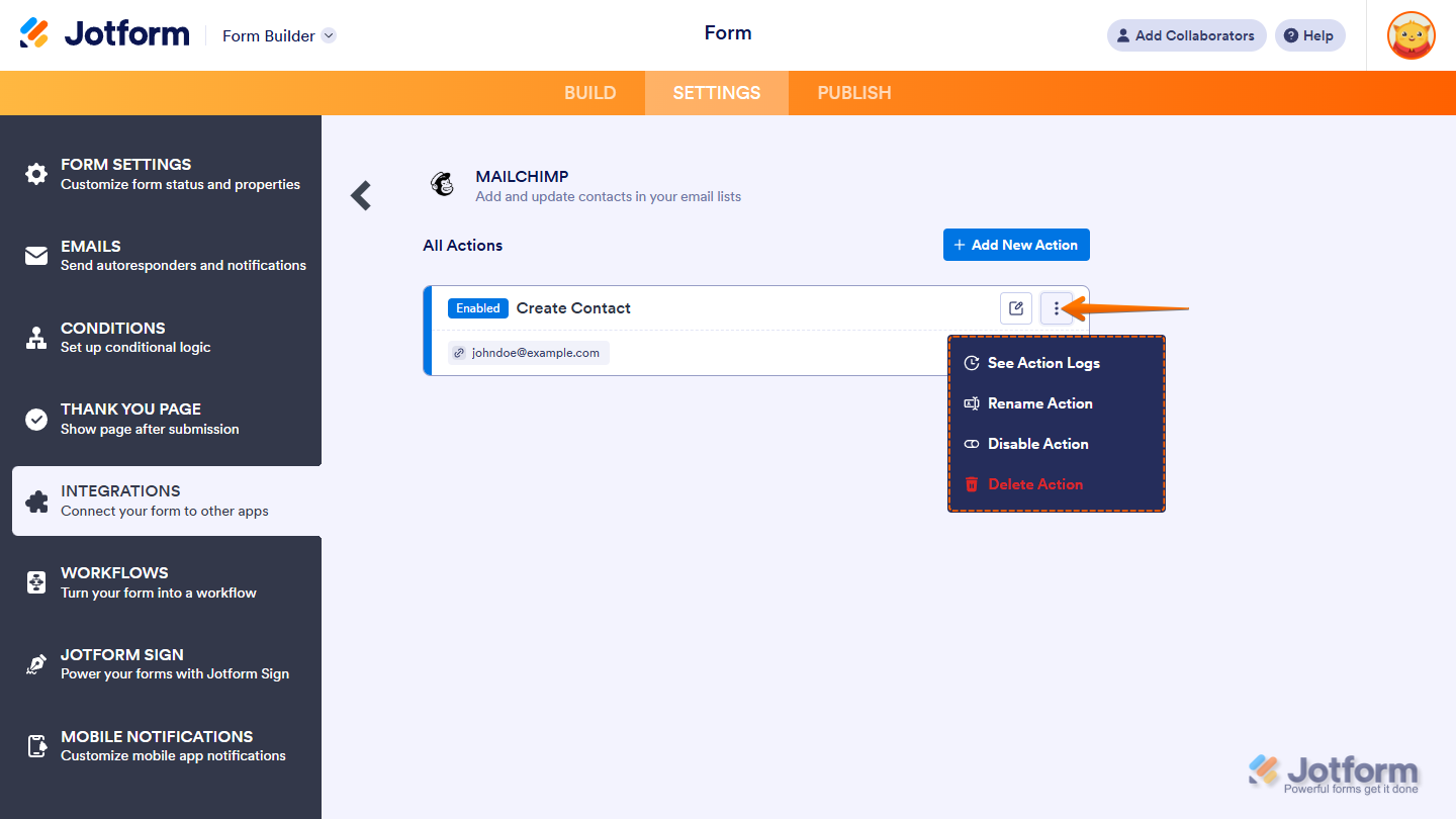 Action options in the Mailchimp integration menu window
