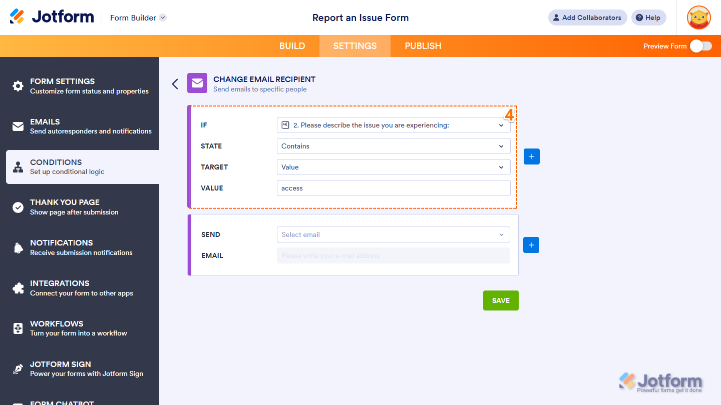 If-Rule fields in the Change Email Recipient section in the Conditions menu under the Settings tab in Jotform Form Builder