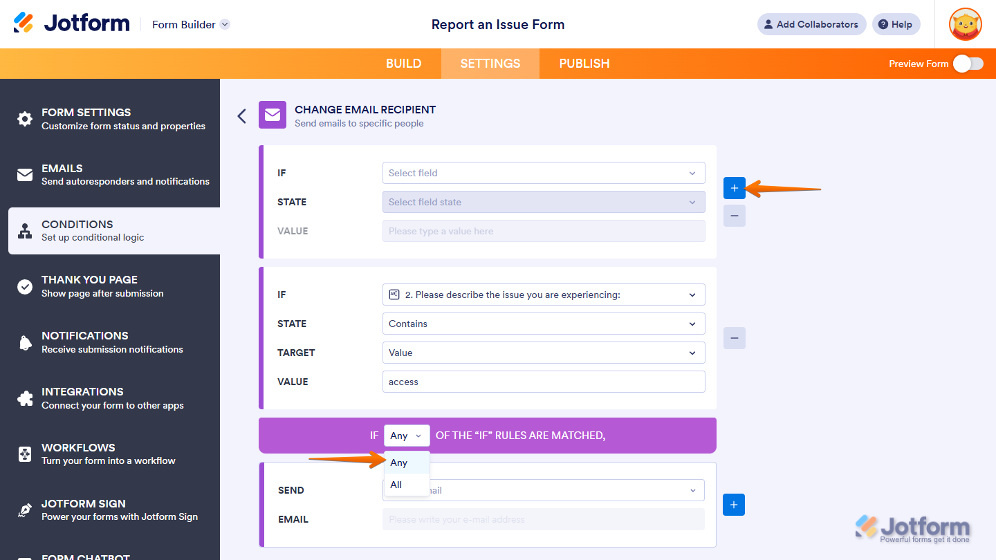 Plus icon in the Change Email Recipient section in the Conditions menu under the Settings tab in Jotform Form Builder