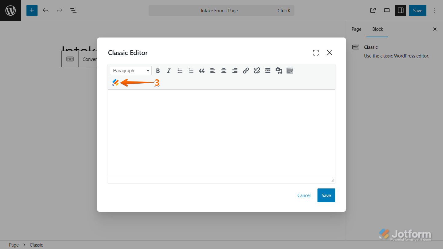 Jotform Embed Plugin icon in the Classic Editor