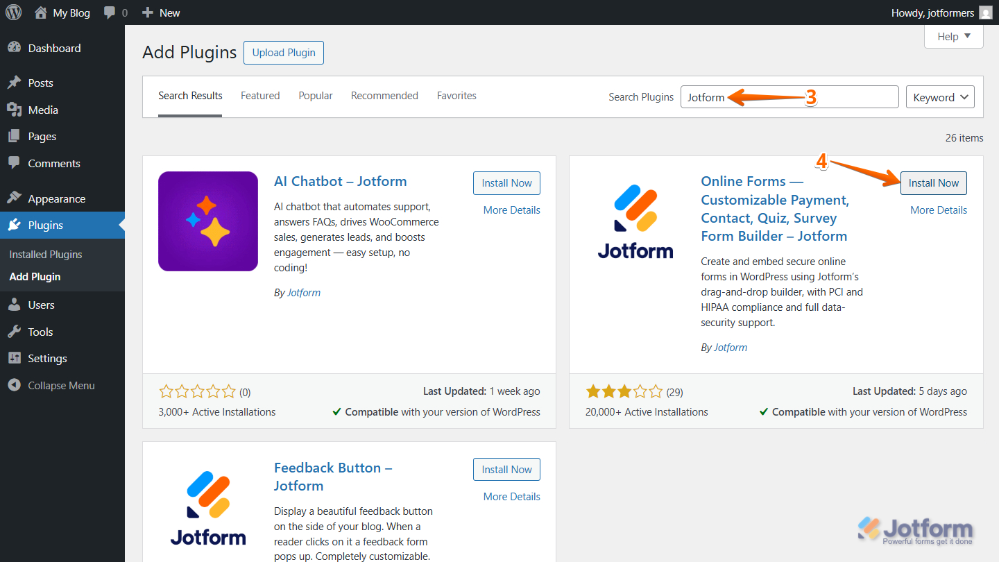 Search and install the Jotform embed Form Plugin