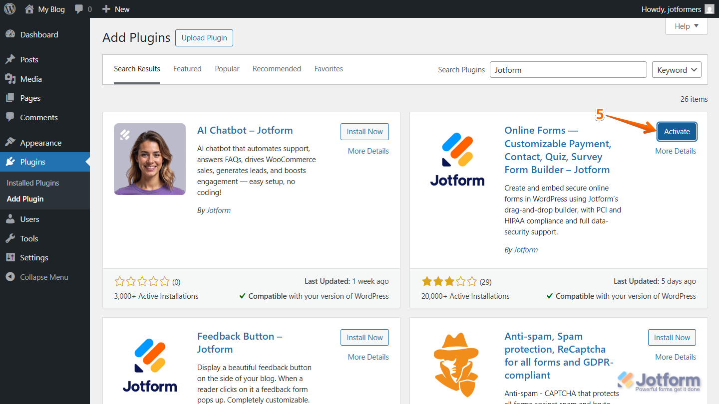 Activate the Jotform Embed Form Plugin
