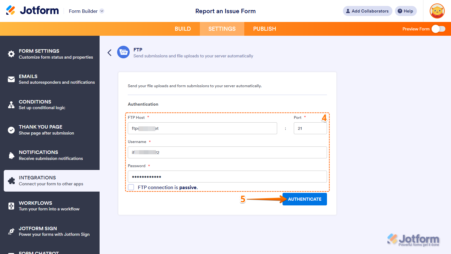 Authentication fields and Authenticate button in the FTP section under the Settings tab in Jotform Form Builder