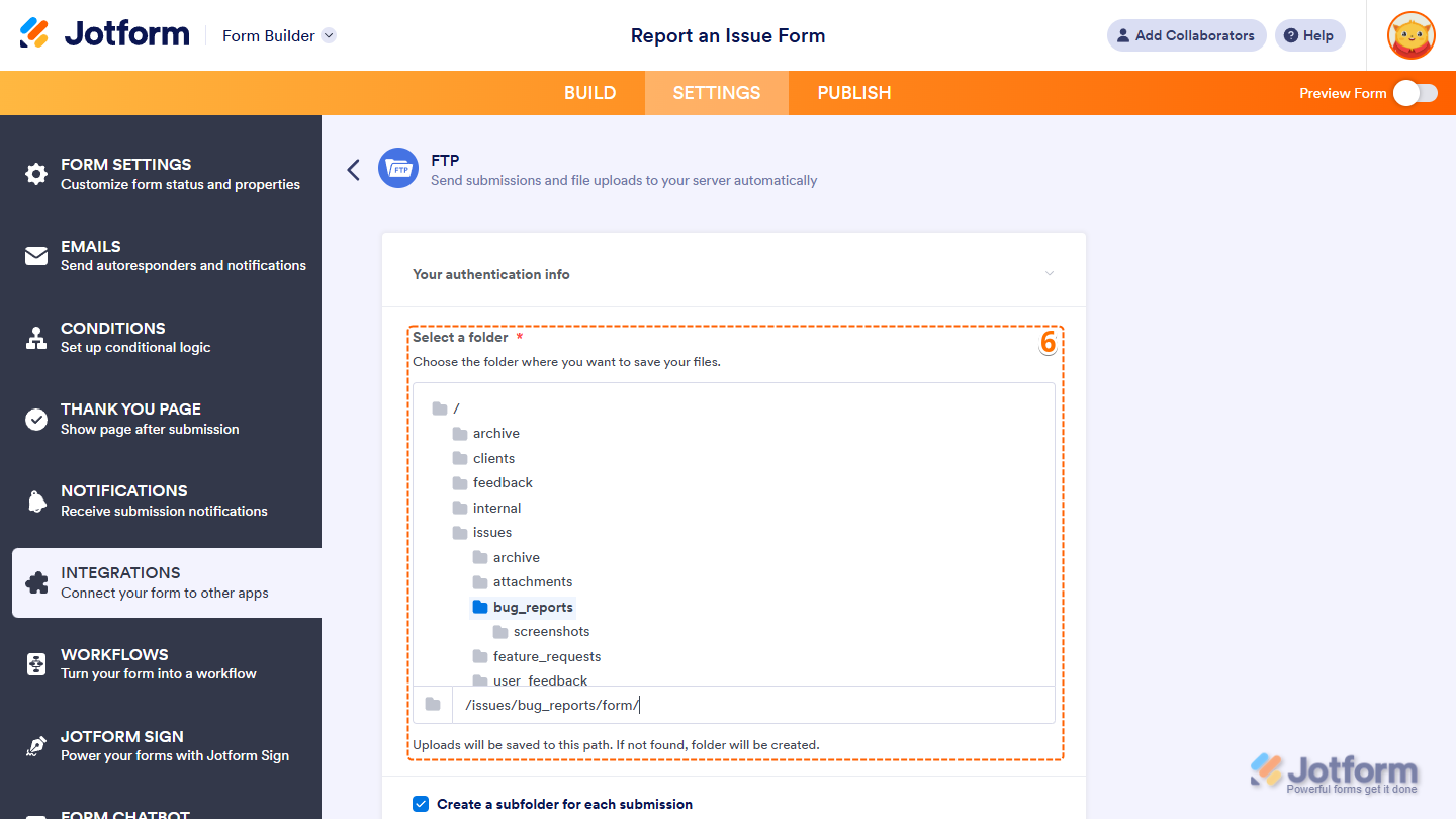 Select a Folder integration settings in the FTP section under the Settings tab in Jotform Form Builder