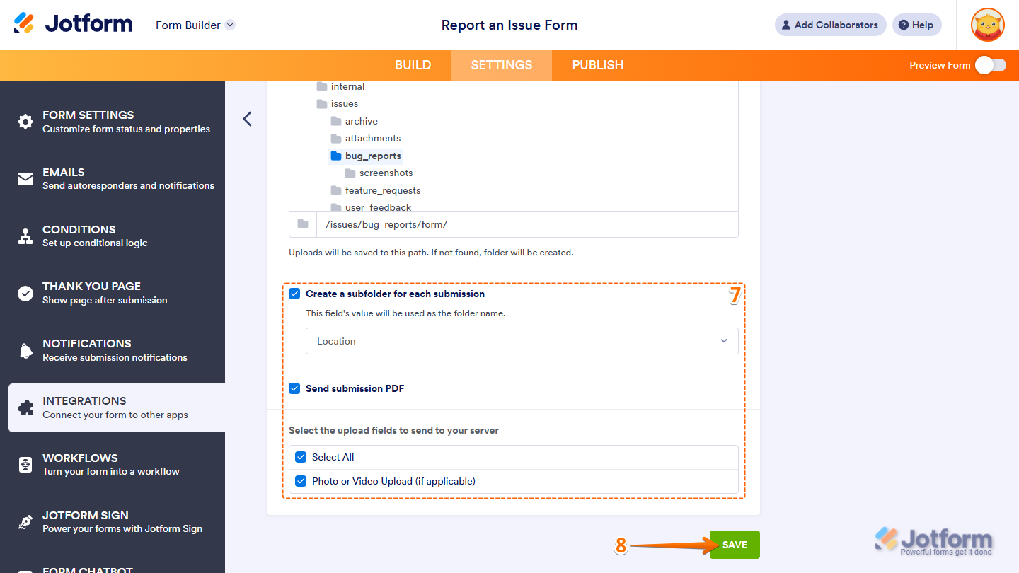 Additional integration settings and Save button in the FTP section under the Settings tab in Jotform Form Builder