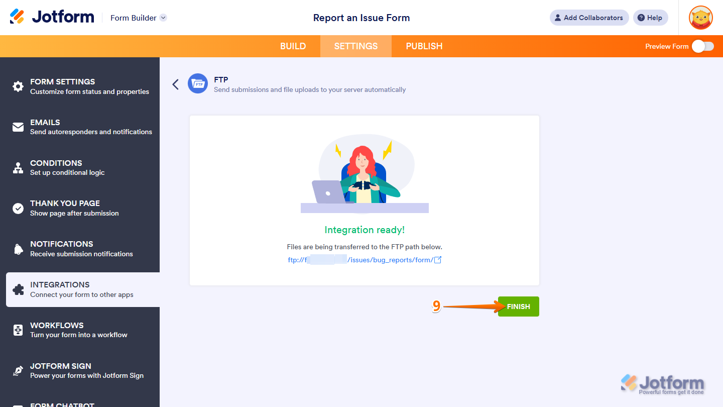 Finish button  in the FTP section under the Settings tab in Jotform Form Builder