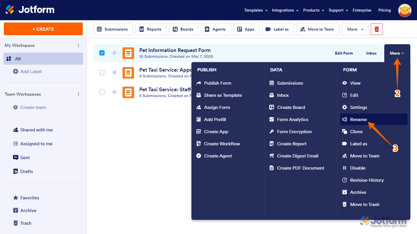 Forms option checked in the Type dropdown menu on the Jotform My Workspace page