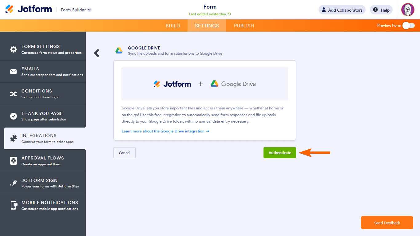 The Authenticate button in Jotform Form Builder's Google Drive integration Screenshot 71