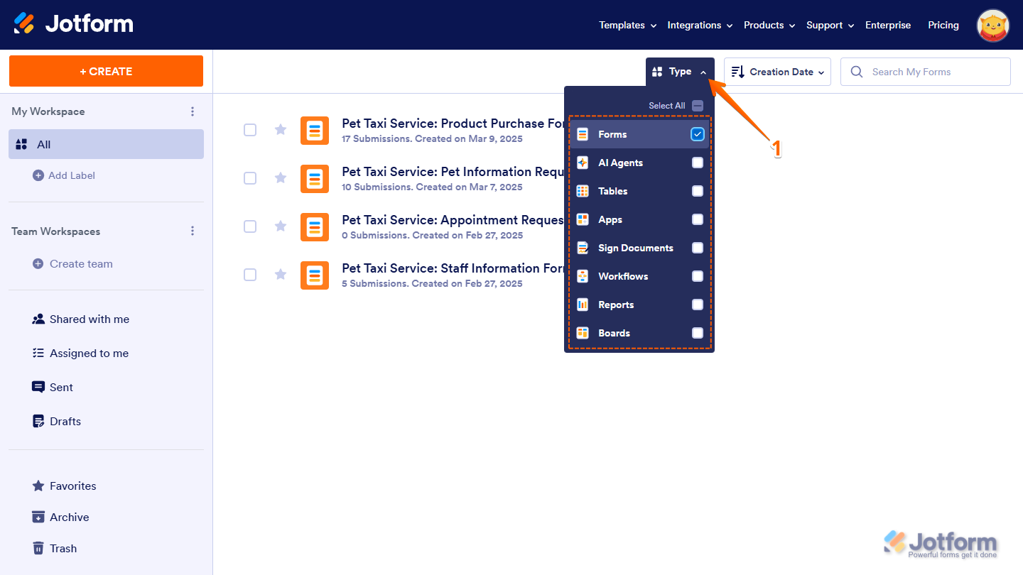 Forms option checked in the Type dropdown menu on the Jotform My Workspace page