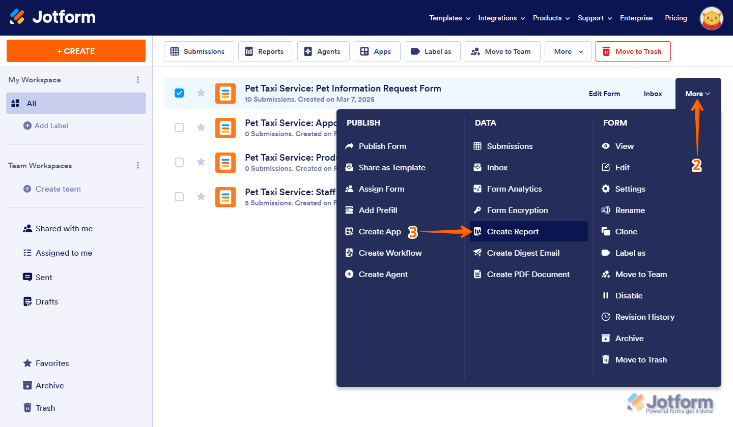 Create Report option under the Data column of the More dropdown menu on the Jotform My Workspace page