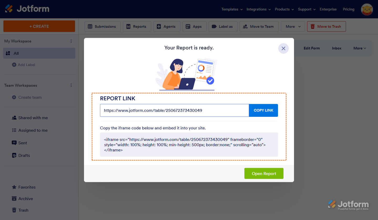 HTML Table Listing Report link on the Jotform My Workspace page