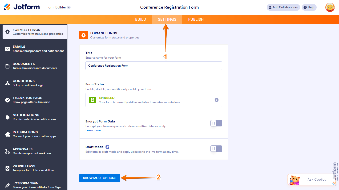 Form Builder Settings page showing Show More Options button in Jotform