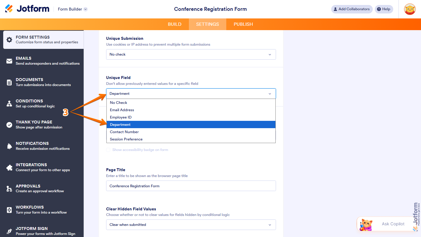Form Settings page showing Unique Field section with selectable form fields in Jotform