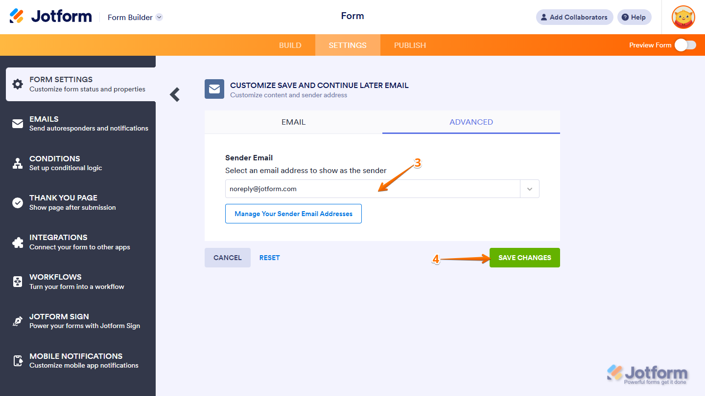 Sender Email dropdown menu of the Save and Continue Later email settings