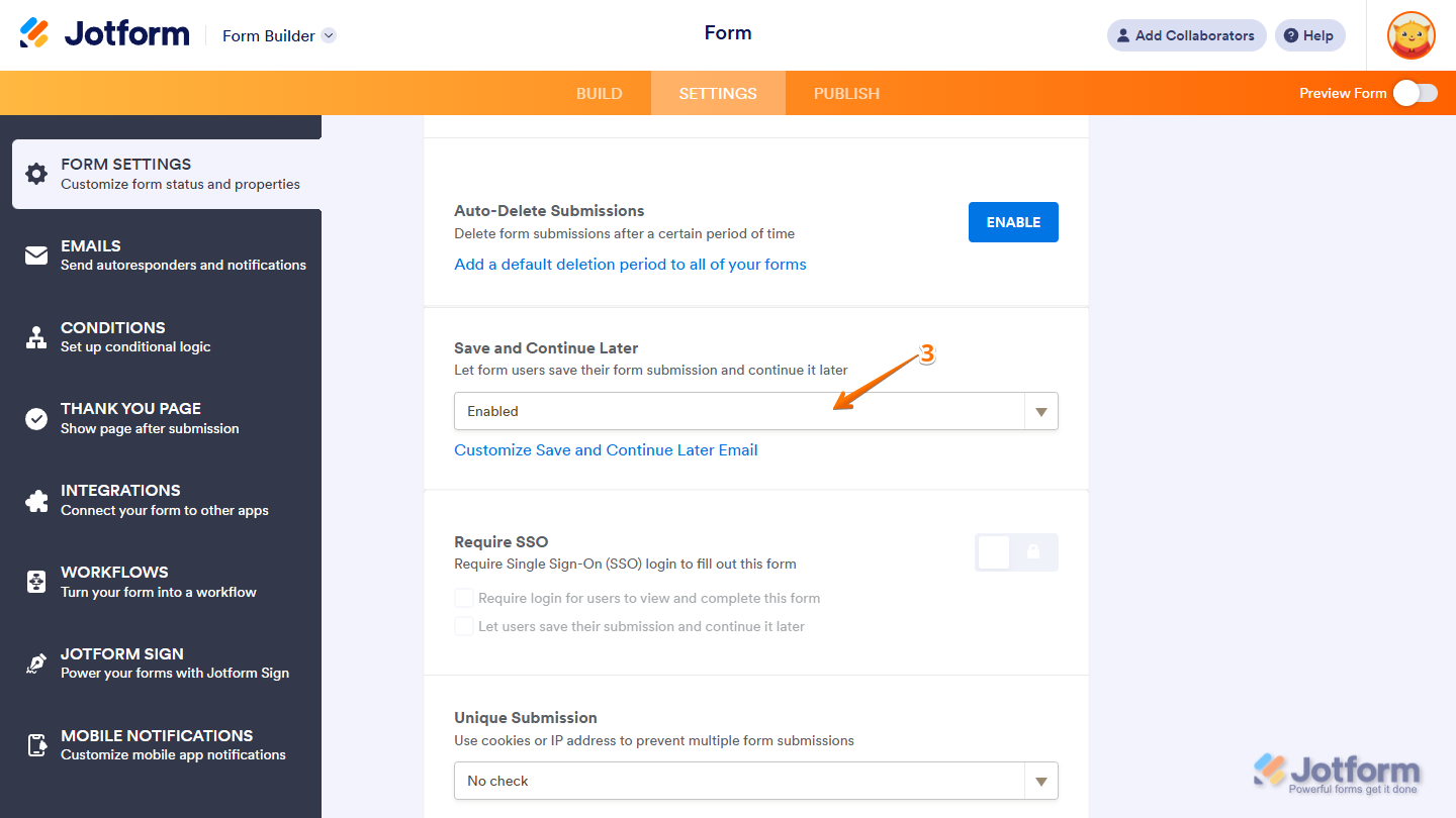 Save and Continue Later dropdown menu in the Form Settings page of the Jotform Form Builder