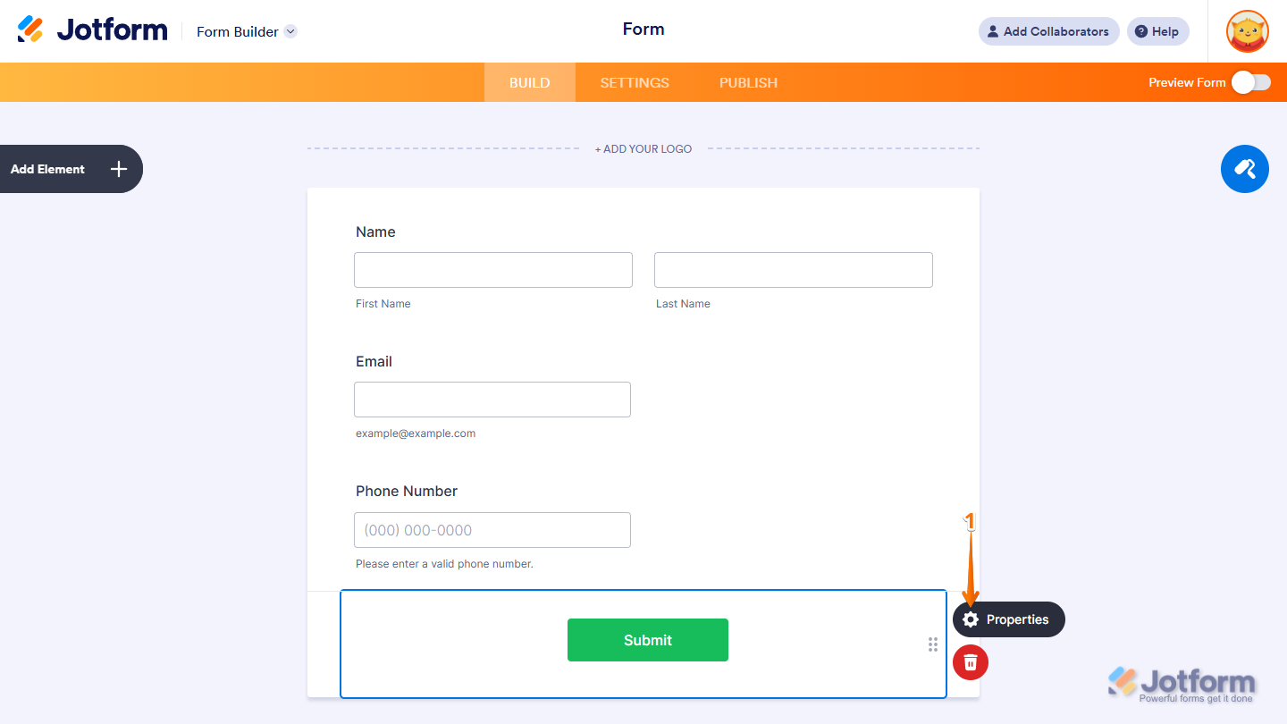 Properties menu of the Submit button in the Jotform Form Builder