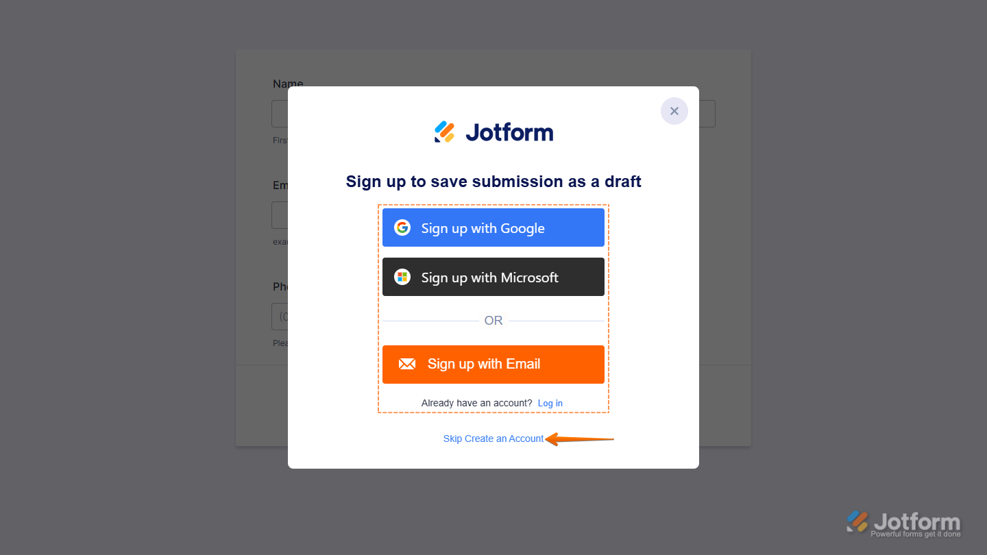 Skip Create an Account link of the Save and Continue Later feature