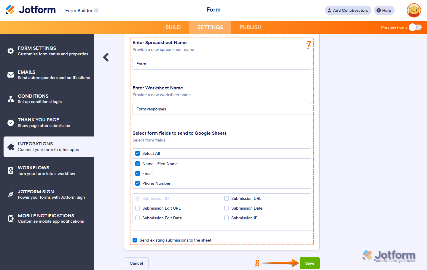 Google Sheets integration settings showing Spreadsheet Name, Worksheet Name, form field selection, and Save option in Jotform