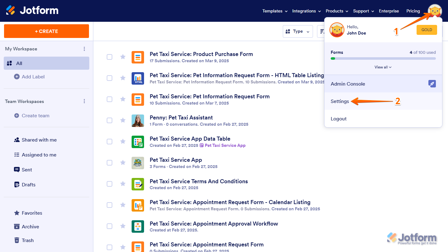 Settings option in the Avatar menu on Jotform My Workspace page