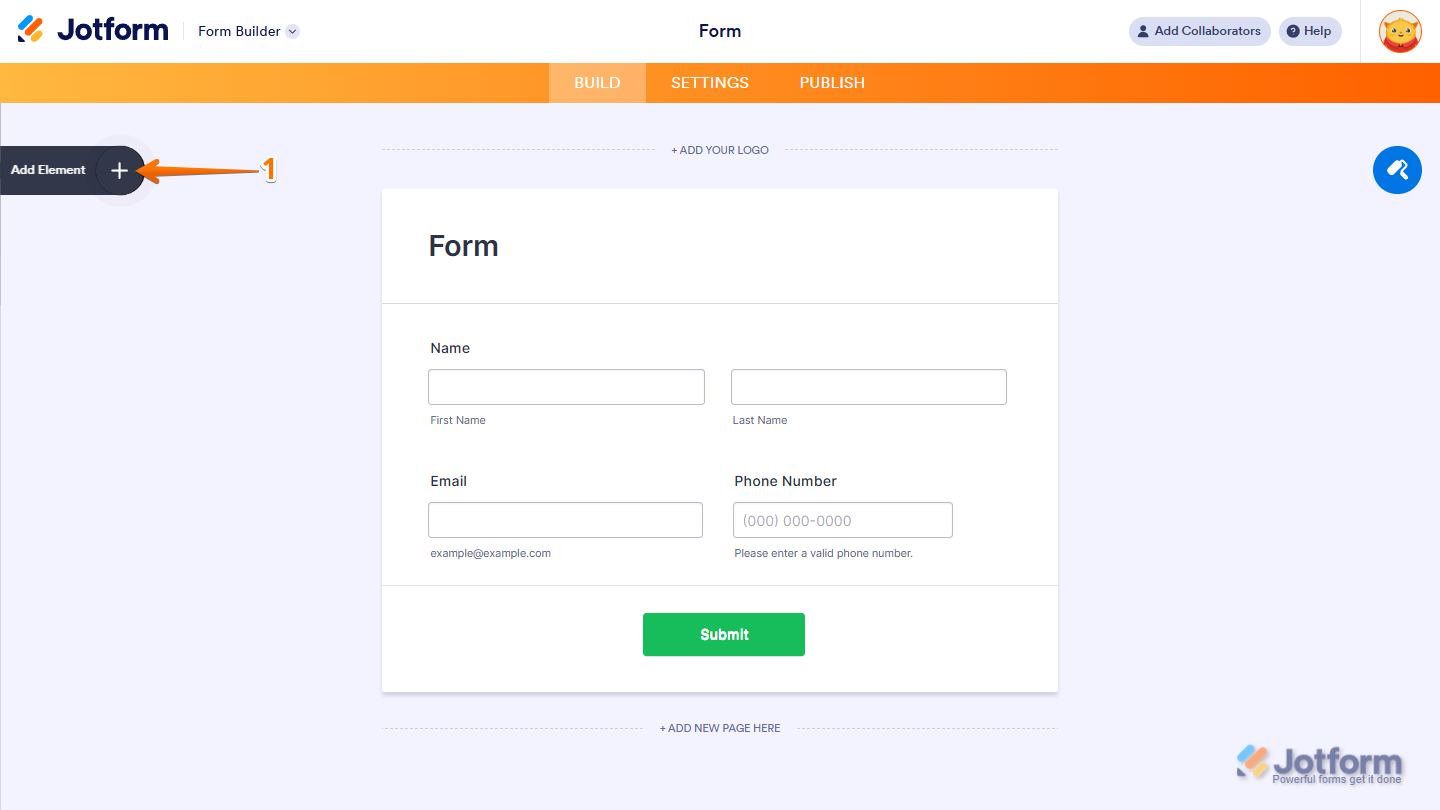 Form Builder Add Element menu in Jotform