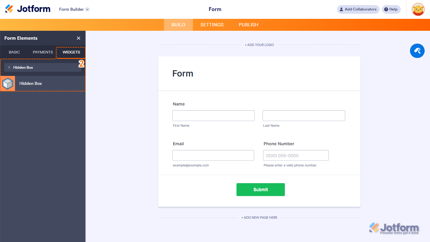Form Elements Widgets tab showing Hidden Box widget selection in Jotform
