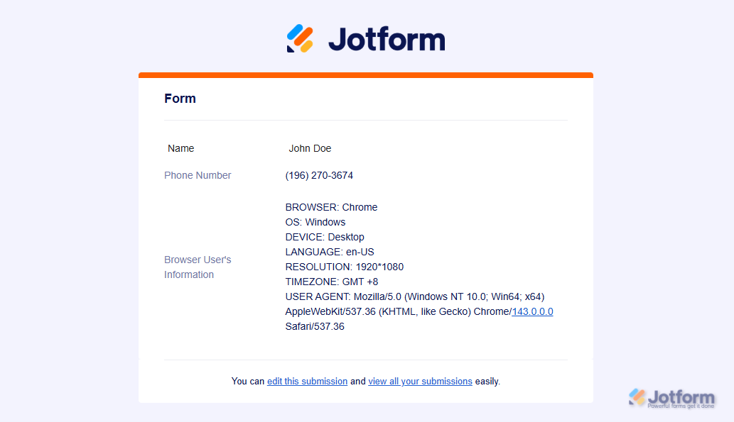 Email notification showing collected browser information from Hidden Box widget in Jotform