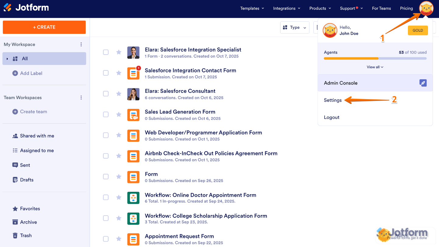 Settings option in the Avatar menu in Jotform My Workspace page