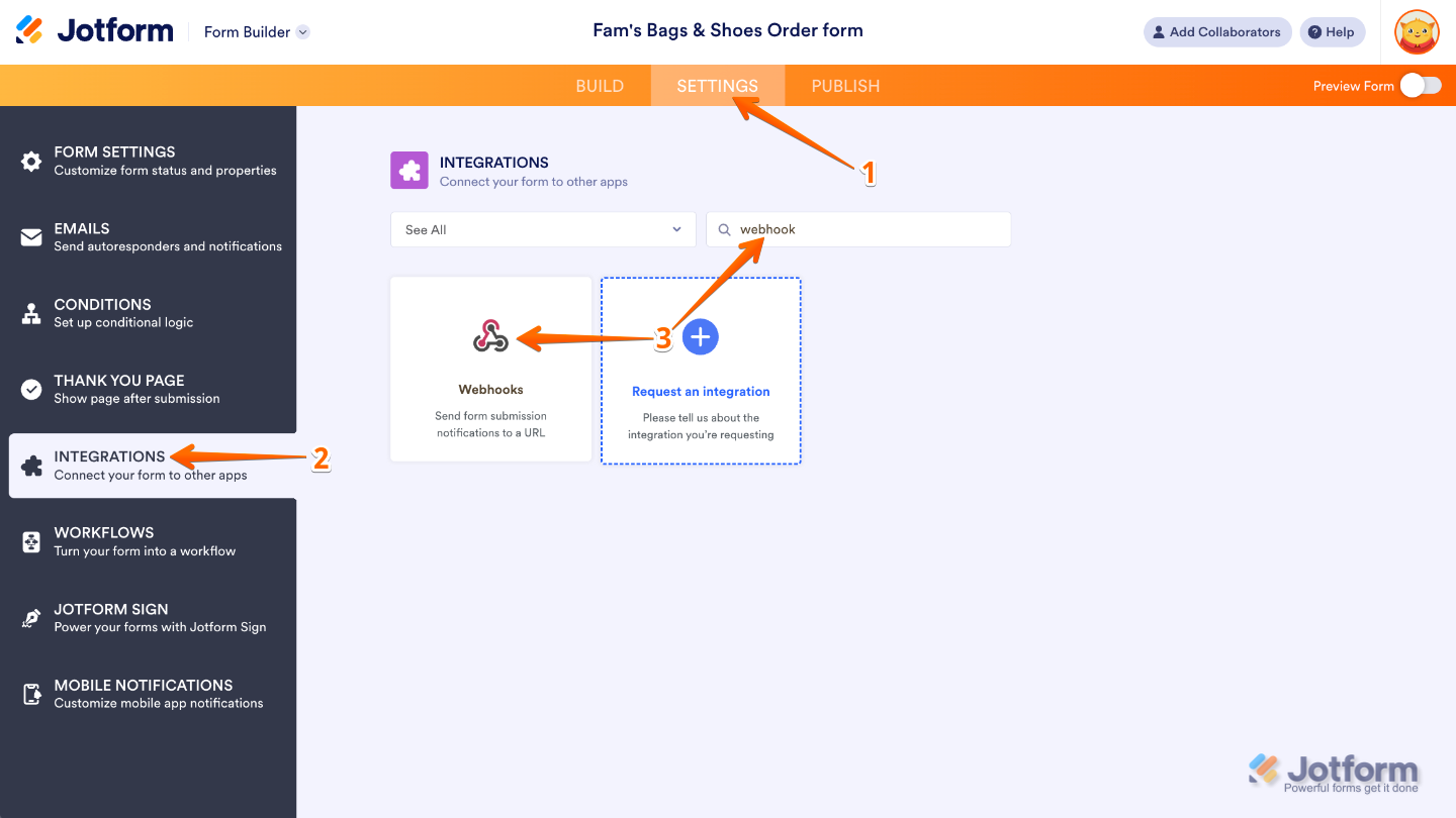 Form Builder Settings page showing the Integrations menu with Webhooks selected from the search results