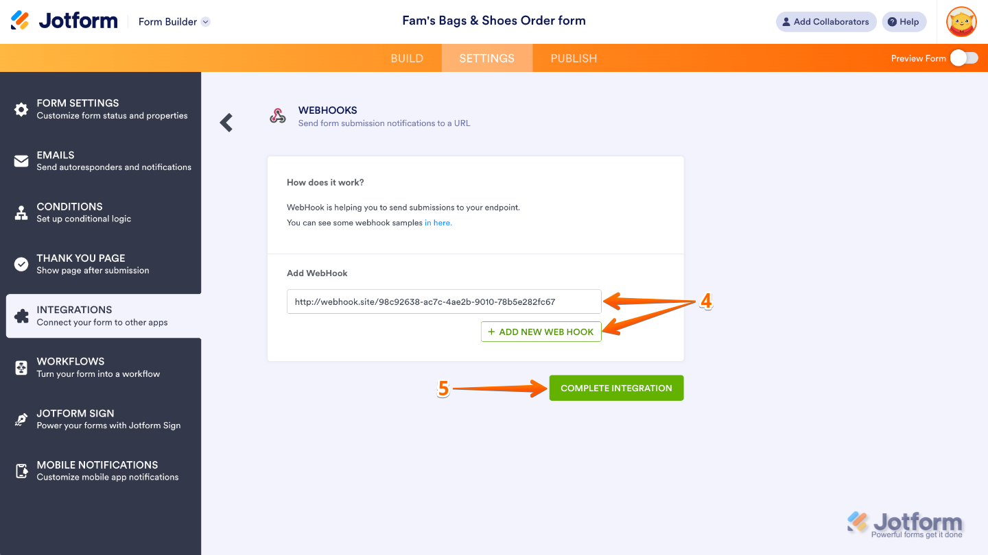 Webhooks integration setup screen showing the Add Webhook field with an endpoint URL entered and the Complete Integration button