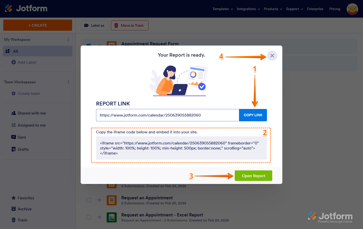 A prompt appears confirming that the Calendar Listing Report is ready