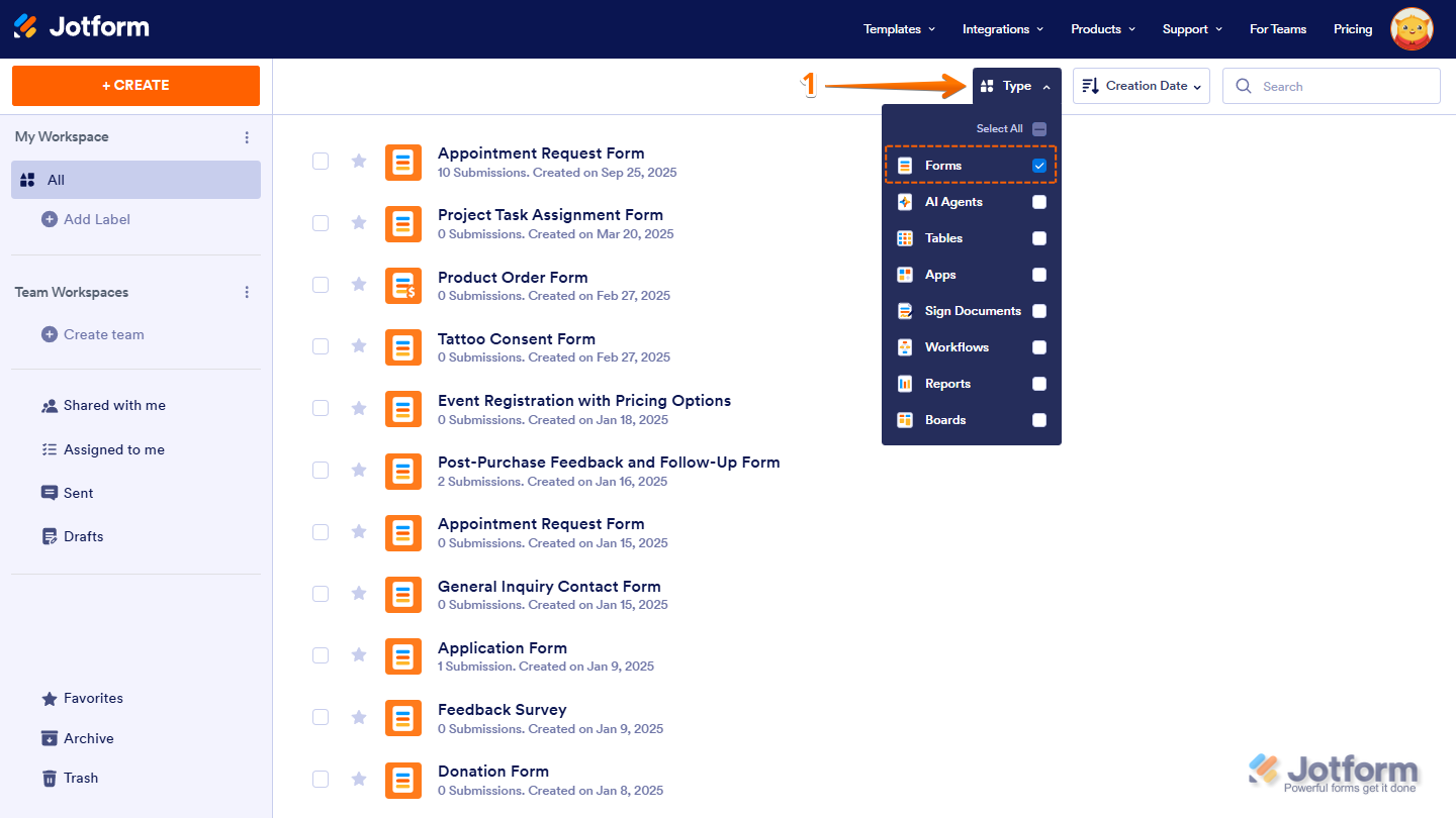 Forms option checked in the Type dropdown menu on the Jotform My Workspace page