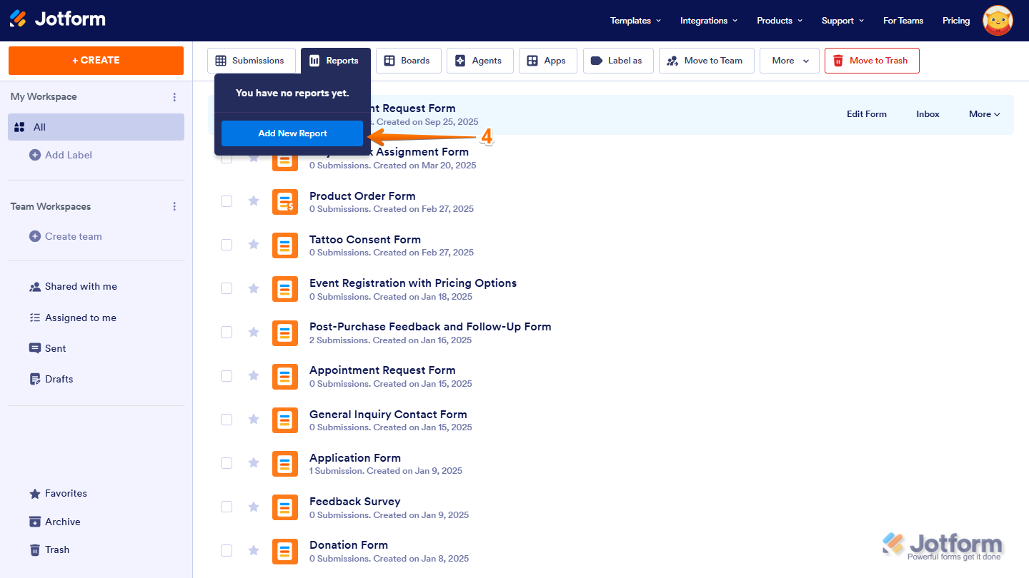 Displays the 'Reports' menu open, with the 'Add New Report' option visible, allowing the user to create a new report in Jotform