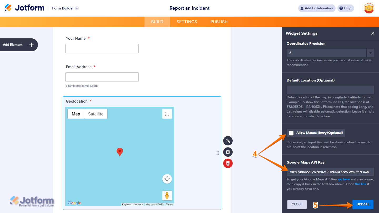 Geolocation Widget Settings showing Allow Manual Entry Google Map API Key and Update button in Jotform