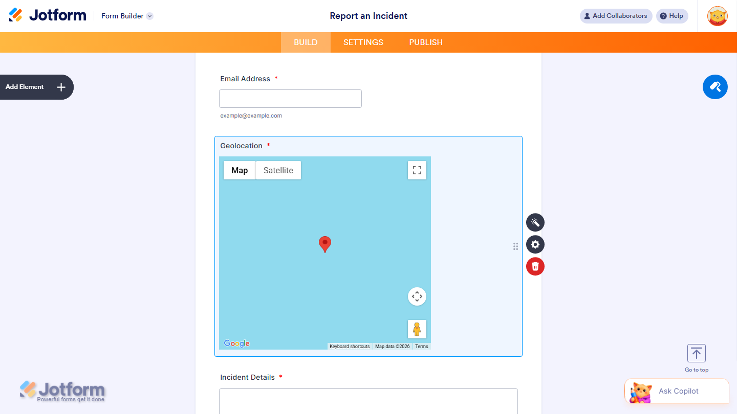 Form Builder showing Geolocation widget added to the form in Jotform