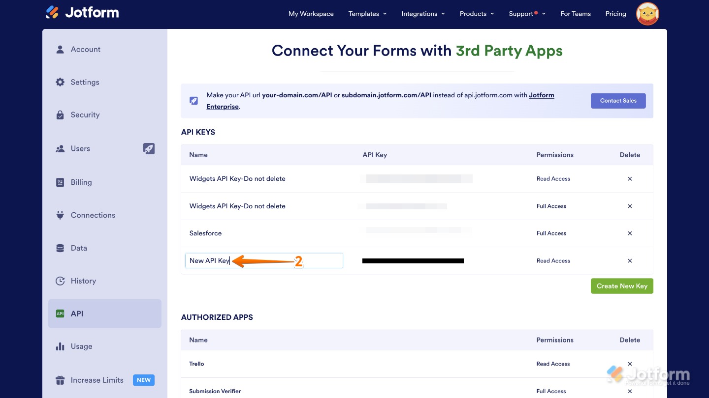 Adding a label to a newly created API key in the Account API settings for better organization