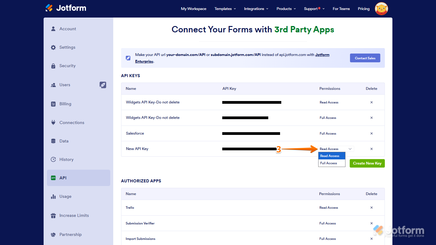 User changing access settings for an API key between Read Access and Full Access options