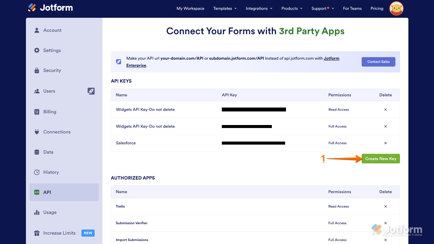 Creating a new API key in the Account API settings by selecting the Create New Key button on the right side of the page
