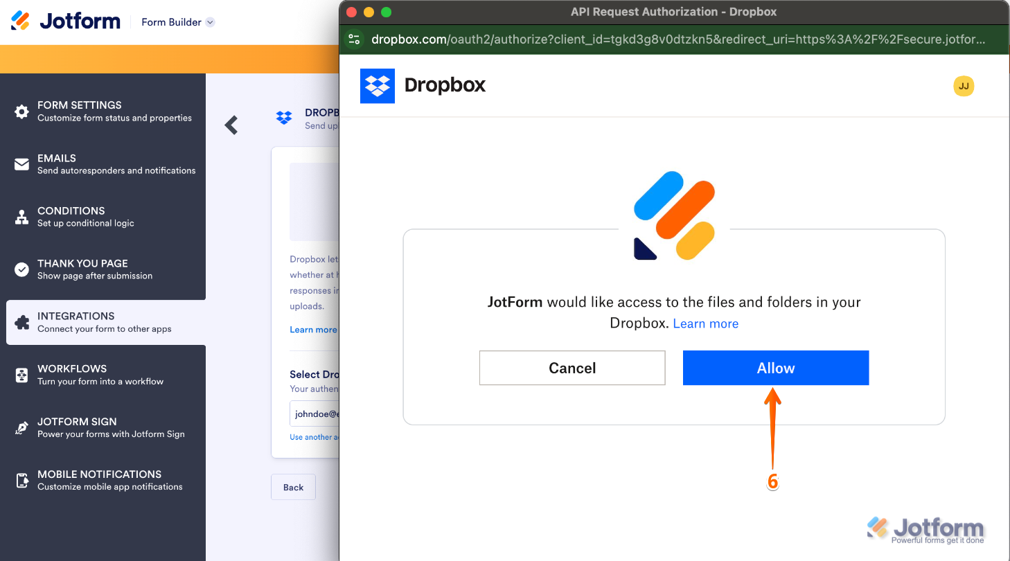 Dropbox integration screen showing the Allow button clicked to grant access after logging in