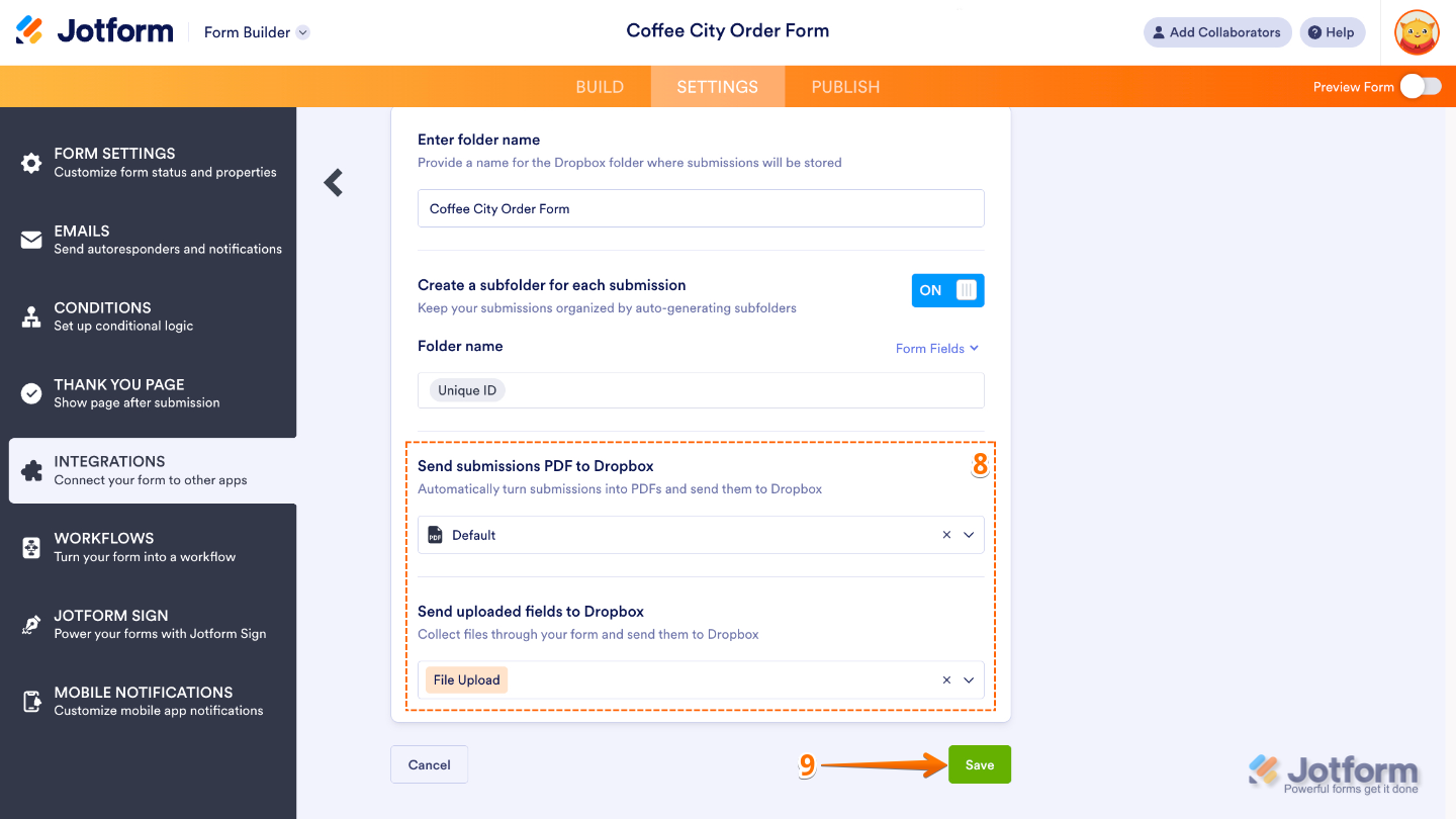 Dropbox integration settings showing options to send submissions as PDF to Dropbox and select uploaded files to send, with the Save button to confirm