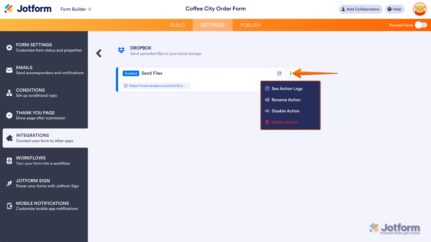 Form interface showing the Three Dots icon on a Dropbox integration to access additional management options