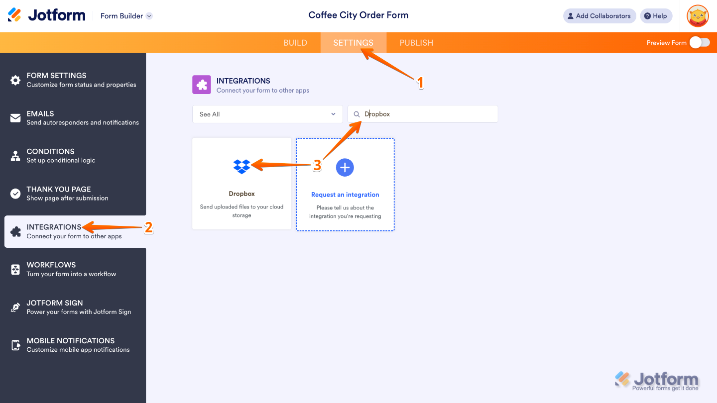 Form Builder interface with the Settings tab selected in the orange top navigation bar and Integrations highlighted in the left menu