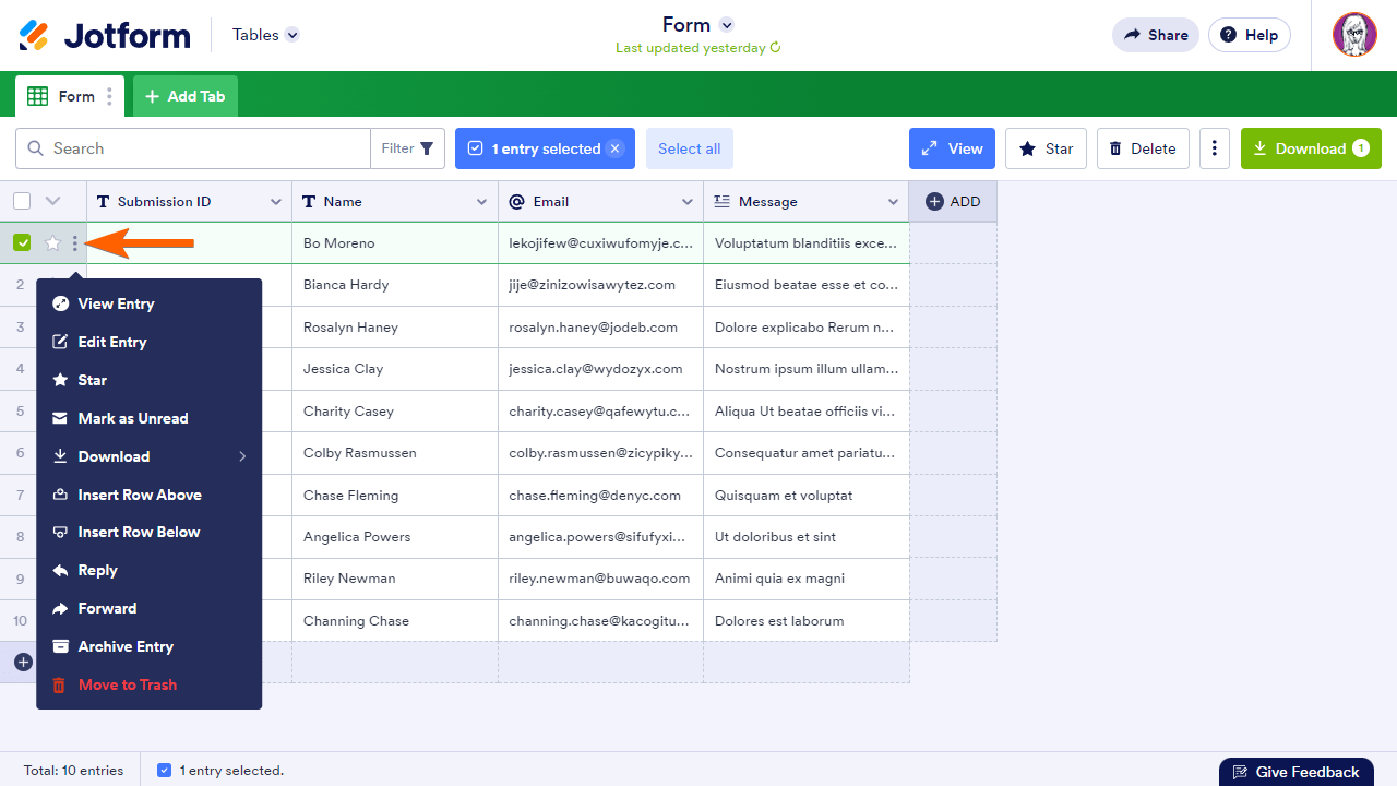 The three dot icon to open the entry menu in Jotform Tables Screenshot 21