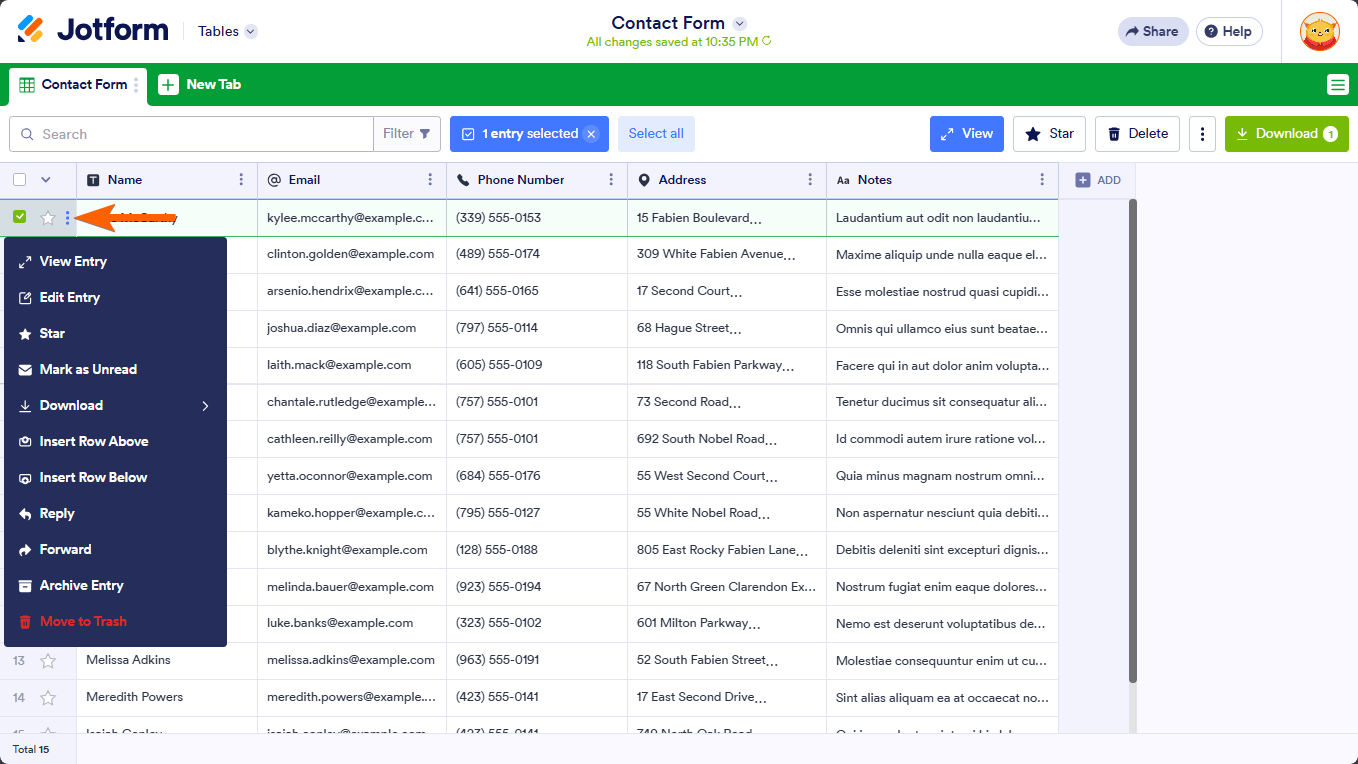 An entry menu in Jotform Tables Screenshot 32