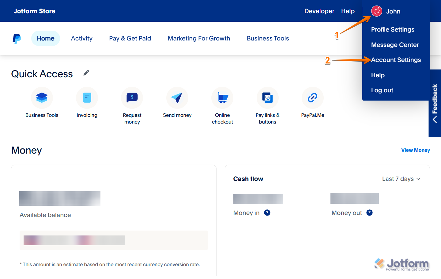 Profile Picture icon and Account Settings option in the PayPal Page