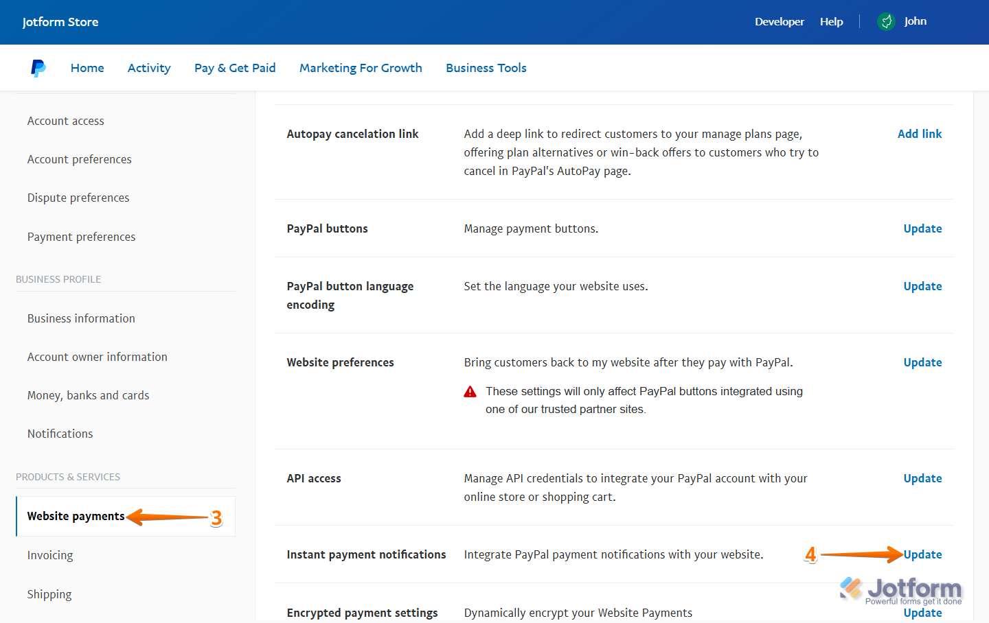 Website Payments tab and Instant Payment Notifications Update button