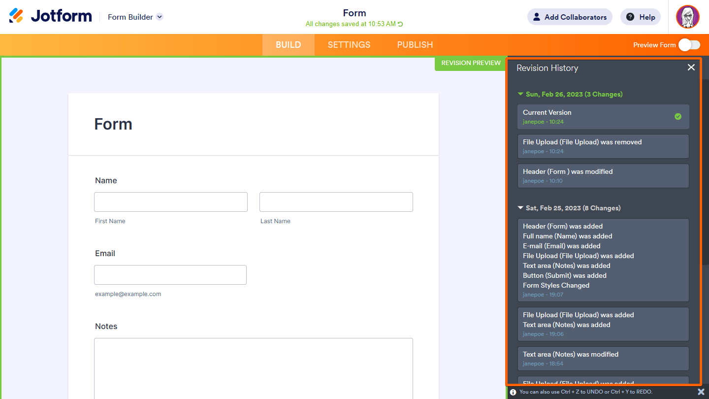 The Revision History pane in Form Builder Screenshot 21 Screenshot 21
