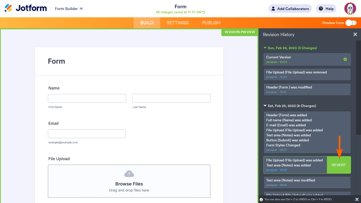 An arrow pointing to the form revision's Revert button in Form Builder Screenshot 32 Screenshot 32