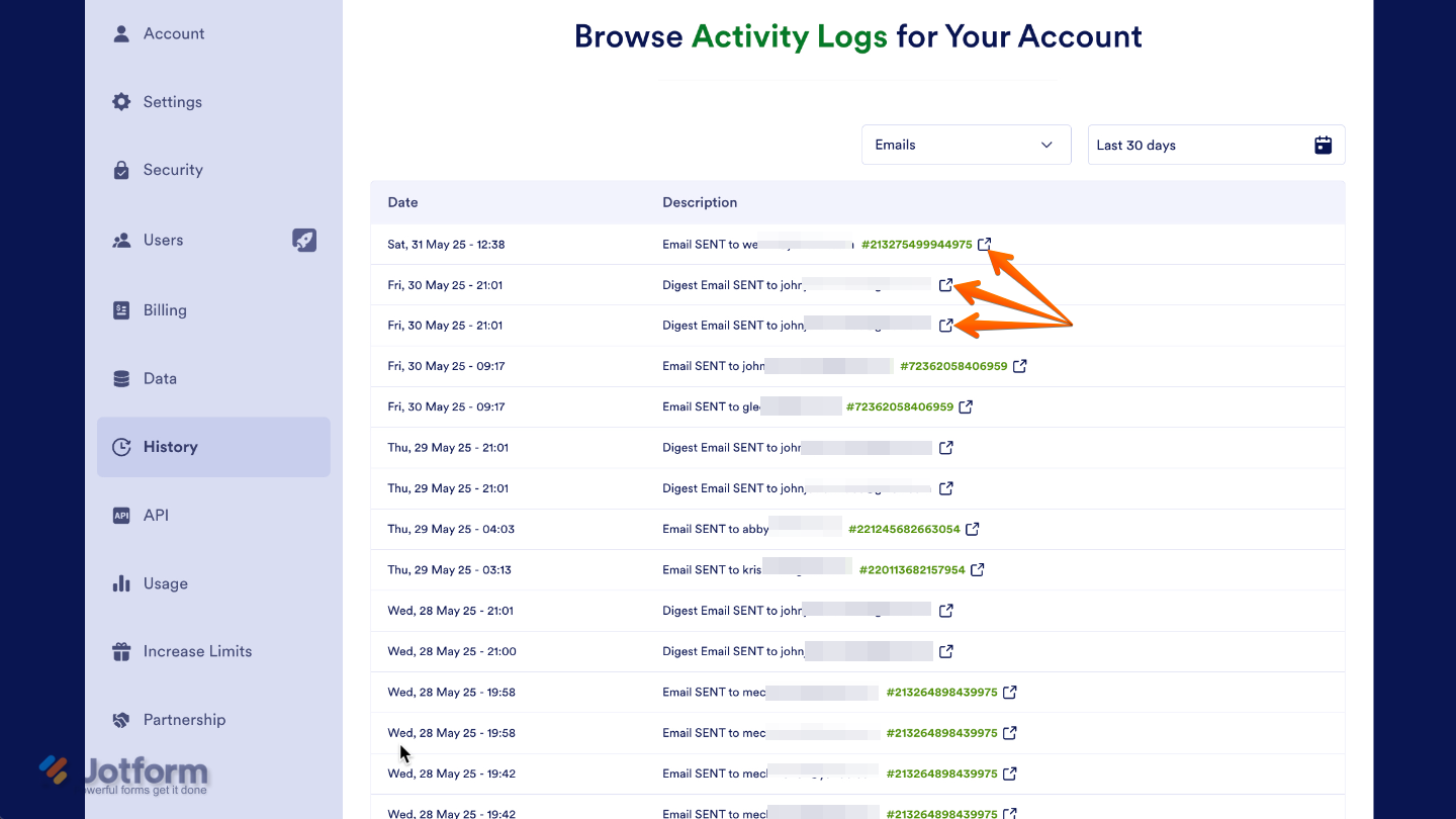 History table displaying email logs with details of sent emails and an External Link icon to view more information